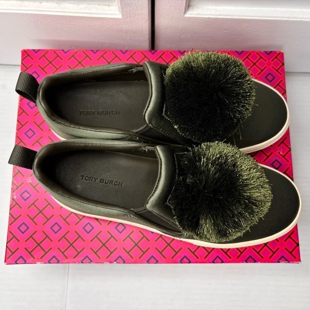 TORY BURCH Daphne Pom Pom Satin Luxe Platform Sneakers Size 6